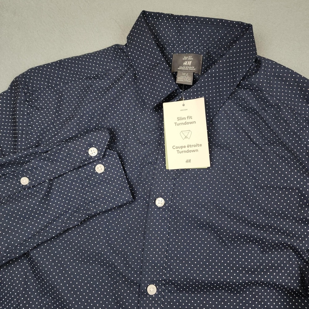 H&M Shirt Mens Medium Blue Polka Dot Slim Fit Easy Iron Dress Button Up NWT